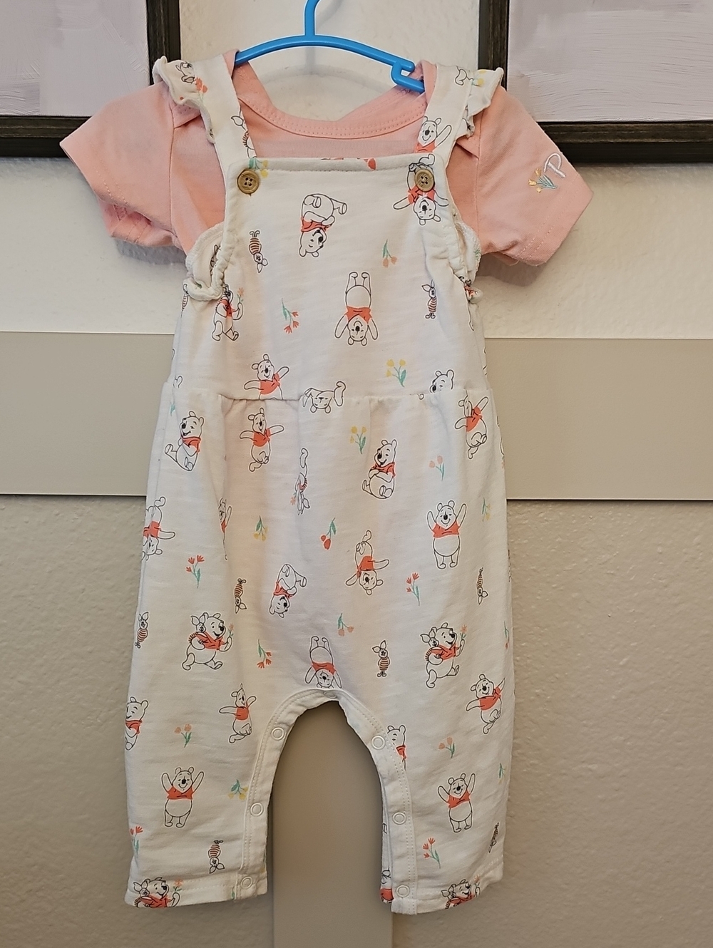 Disney Pink Tee with White Winnie the Pooh Print Overalls 6-9m